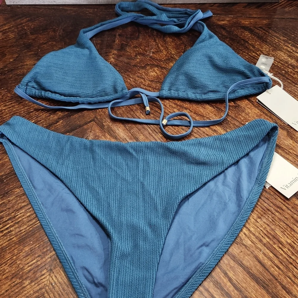NWT Vitamin A Teal Textured Triangle Bikini Set With High Cut Bottoms Sz XXL